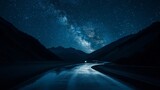 Moody night scene with lone car paused at hairpin corner, Milky Way core framed between mountain silhouettes and reflective wet pavement