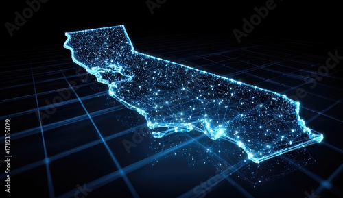 California map illuminated with network connections against a dark blue grid for data visualization