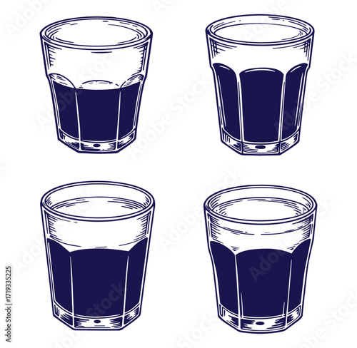 Vector illustration of four different coffee or cocktail glasses with dark liquid