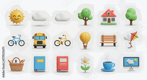 Collection of colorful 3D rendered icons representing various outdoor and leisure elements.