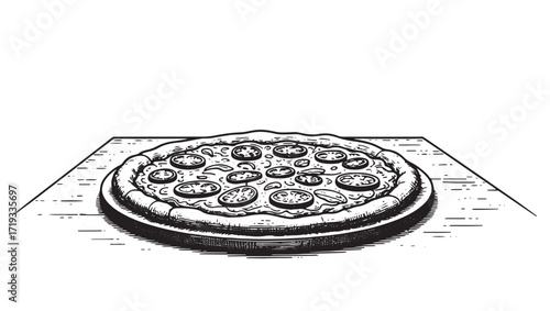Whole Pizza Vintage Engraving Italian Cuisine Dish Illustration in Detailed Woodcut Vector Style for Restaurant Menu


