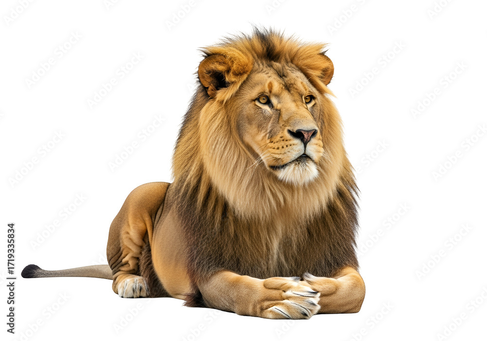 Obraz premium Majestic lion in profile view, showcasing its rich golden mane and alert expression against a stark black backdrop.