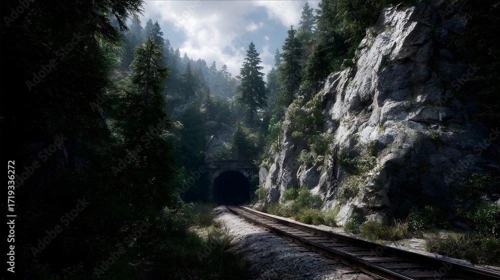 Fototapeta premium Railway track leading into a dark mountain tunnel surrounded by dense pine forest and rocky terrain