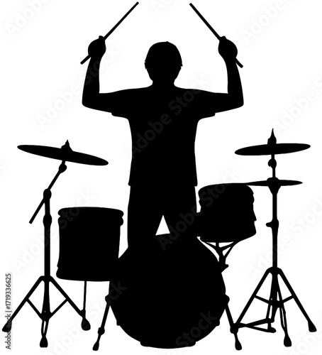 Drummer Silhouette Full Drum Set Front View | Music Band Vector Art