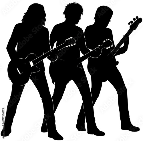 Rock Band Guitarists Silhouette Vector | Trio Musicians Playing on Stage