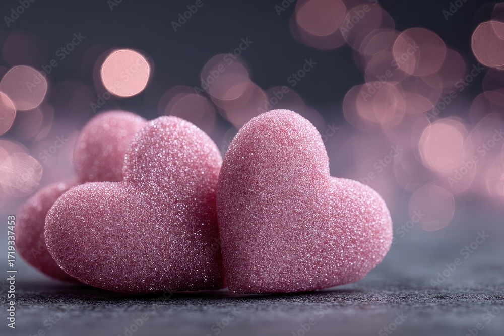 Obraz premium Close-up of three delicate, sugared pink hearts on a dark surface, with bokeh lights in the background