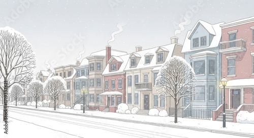 Cozy Row Houses Bathed in Soft Winter Snowfall