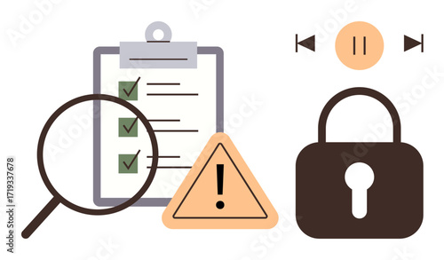 Magnifier over checklist, warning triangle, lock. Ideal for security, compliance, data protection, privacy, caution inspection organization. Simple flat metaphor