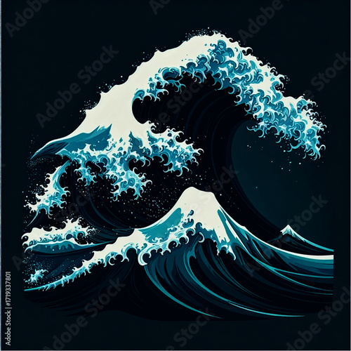 Pixelated Great Wave: Stylized Ocean Wave with White Crests and Dark Blue Depths