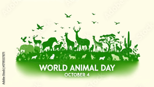 Green flat vector silhouette of various wild animals with “World Animal Day October 4” text, perfect for environment and wildlife conservation theme.