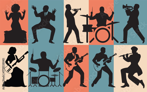 Silhouettes of musicians play various instruments like guitar, trumpet, and drums against a colorful backdrop, conveying a lively, jazzy vibe.