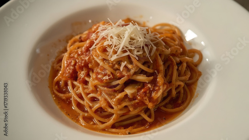 Spaghetti with Tomato Sauce and Parmesan Cheese Close-Up