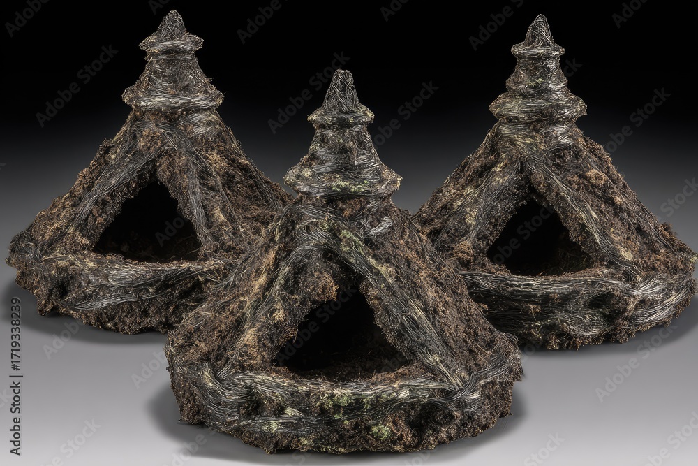 Obraz premium Three miniature, dark brown, sculpted huts