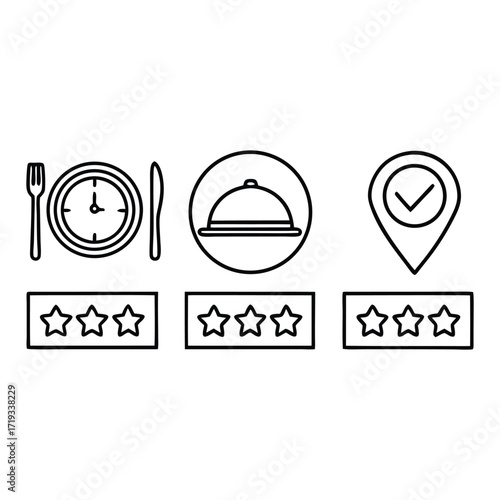 Restaurant food delivery icons set food service dining clock meal delivery location star rating symbols 