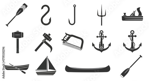 Collection of nautical and crafting tools in silhouette style.