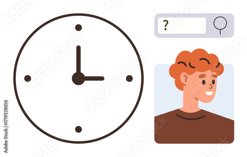 Large clock symbolizing time management next to a search bar and a smiling person portrait. Ideal for productivity, scheduling, organization, personal development, decision-making, time tracking