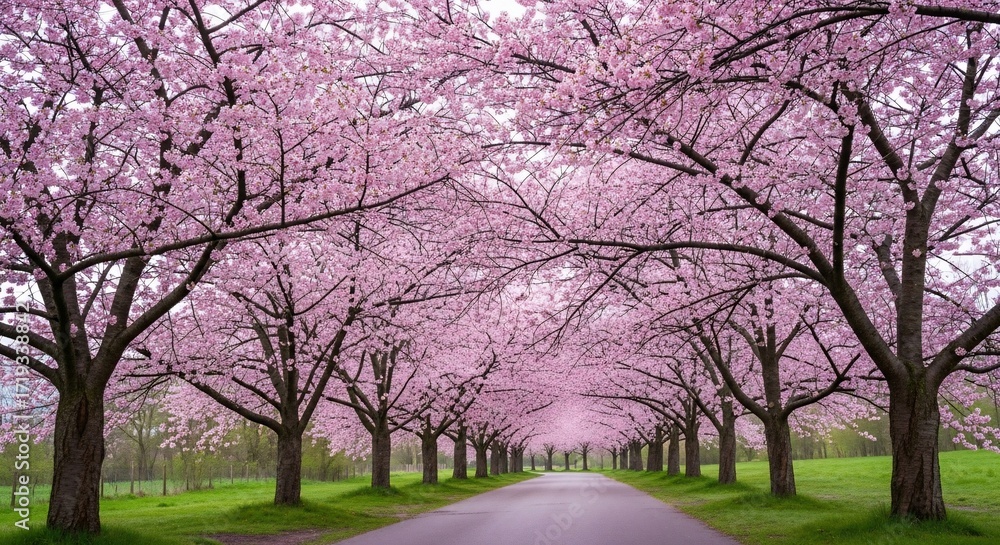 Obraz premium Pink Cherry Blossom Trees Lining a Road in Bloom in Spring Park