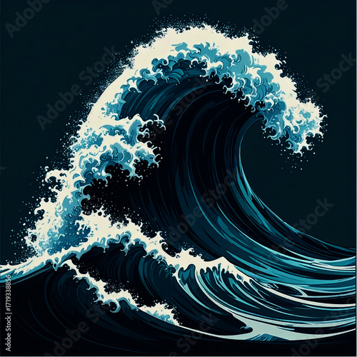 Digitally Illustrated, Stylized, Dark Blue Ocean Wave Rising High