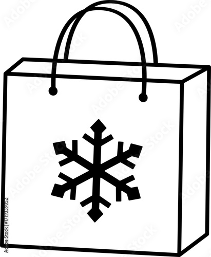 Christmas gift bag with snowflake pattern outline vector.
Christmas shopping bag icon.
Transparent background.
