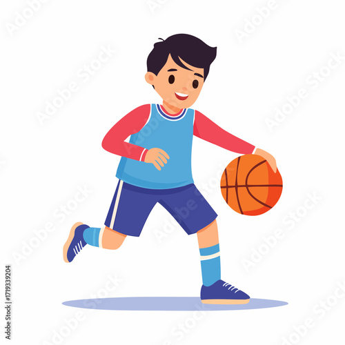 Boy Playing Basketball Outdoors – Flat Vector Illustration