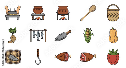 Collection of rustic kitchen and food preparation items.