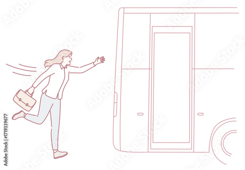 A woman moves quickly to catch her bus, illustrating the hectic and busy lifestyle of modern city commuters