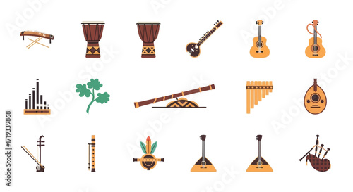 Collection of Traditional Ethnic Musical Instruments from Around the World.