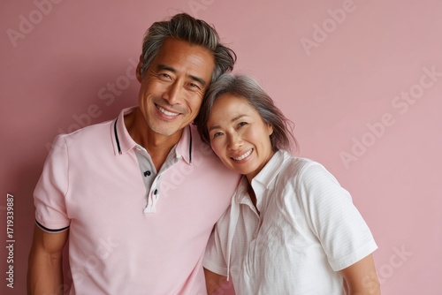 Portrait of a grinning asian couple in their 50s wearing a breathable golf polo in pastel or soft colors background