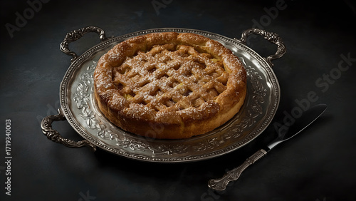 Homemade apple pie on ornate silver tray in dark moody lighting