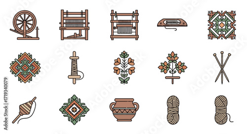 collection of traditional textile and weaving tools and patterns.