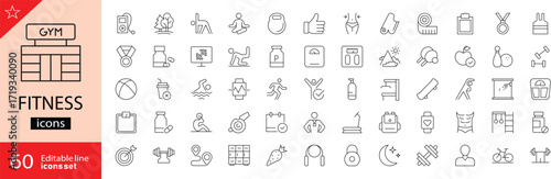 Fitness icons set. Includes symbols of exercise, gym, workout, training, bodybuilding, sports, wellness, and healthy lifestyle. Editable stroke. Vector illustration. Outline icons. Perfect for health.