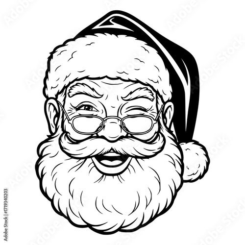 A vector illustration of a cheerful, winking Santa Claus with a large beard and mustache.