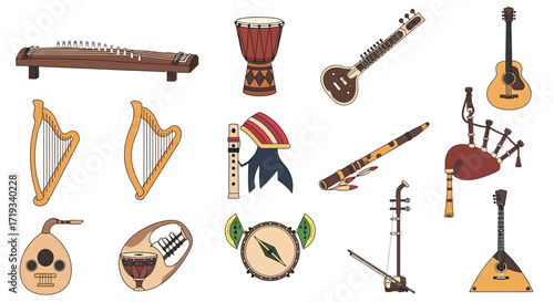 Collection of Various Musical Instruments from Different Cultures.