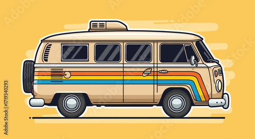 Retro Style Detailed Camper Van with Rainbow Stripes Illustration