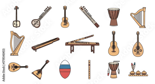 Collection of various musical instruments isolated on white background.