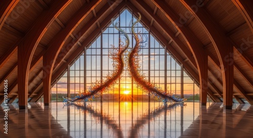 Vibrant Light Installation Reflecting in a Grand Architectural Space at Sunset
