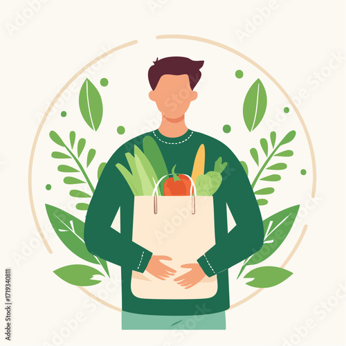Man Holding Grocery Bag with Fresh Vegetables – Flat Vector