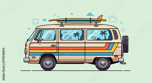 Flat Style Detailed Camper Van with Surfboard Transportation Illustration