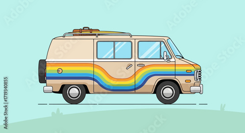 Flat Line Art Classic Rainbow Striped Van Vehicle Illustration Design