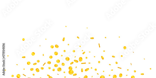 Russian ruble coins falling. Scattered gold RUB