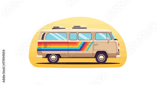 Retro Styled Flat Illustration Camper Van with Rainbow Stripe Graphics