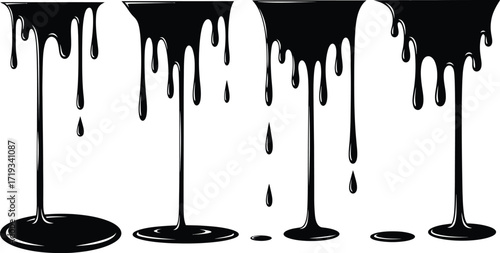 Four black, dripping liquid shapes, creating a graphic element of spilled substance.