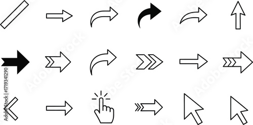 Collection of diverse arrow icons and a hand cursor, pointing in various directions and styles, isolated on white.