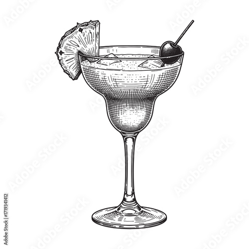 Classic Piña Colada Cocktail Tropical Frozen Drink with Pineapple, Coconut, and Rum Illustration

