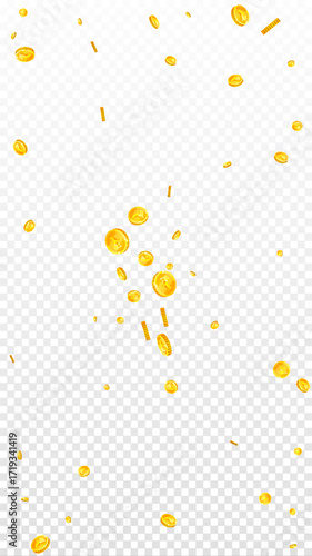Indian rupee coins falling. Scattered gold INR