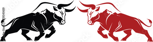 Two bulls facing each other, one black and one red, in a charging stance.