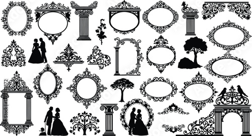 A collection of ornate, decorative vector elements including frames, architectural columns, trees, and couples in formal attire, all in silhouette.