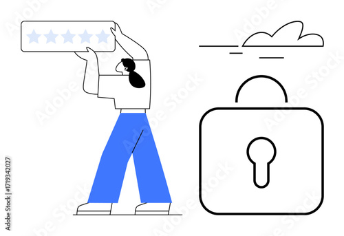 Woman lifting a five-star rating banner highlights feedback and quality. Large padlock represents security. Ideal for feedback, quality, trust, security, reliability, cloud technology, simple flat