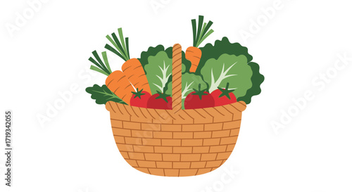 Colorful assortment of fresh garden vegetables in a rustic wicker basket.