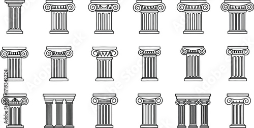 Rows of architectural columns in various styles, including Doric, Ionic, and Corinthian, presented as line art illustrations.